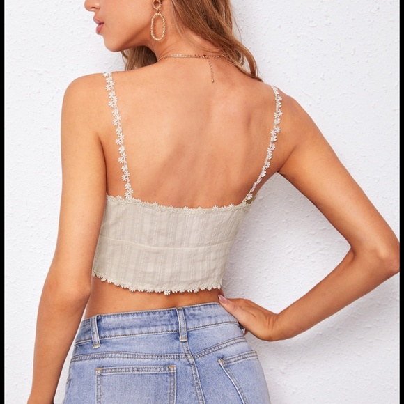 Textured Button Sweetheart Cami NEW M Cropped Beige Cotton Floral Lace Guipure - Picture 2 of 6